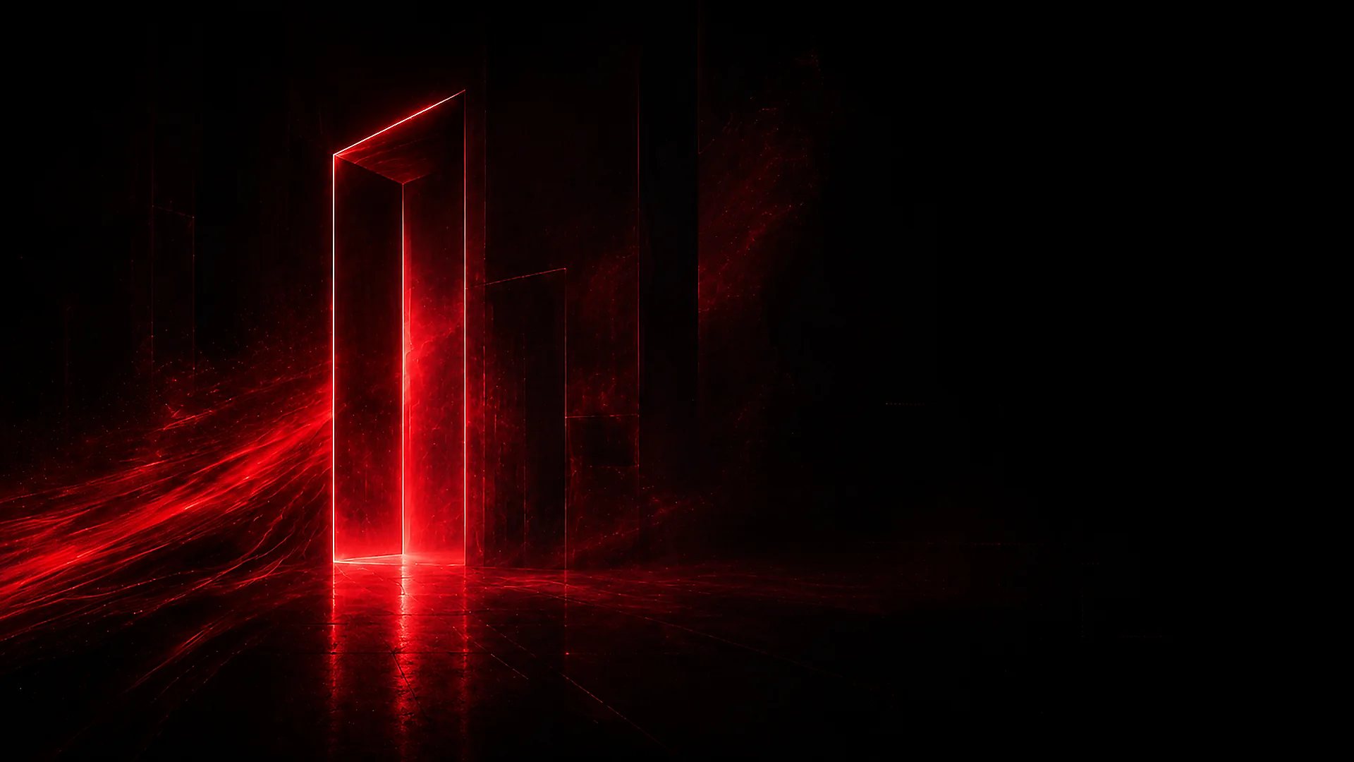 A luminous red gateway emerging from a dark cinematic space