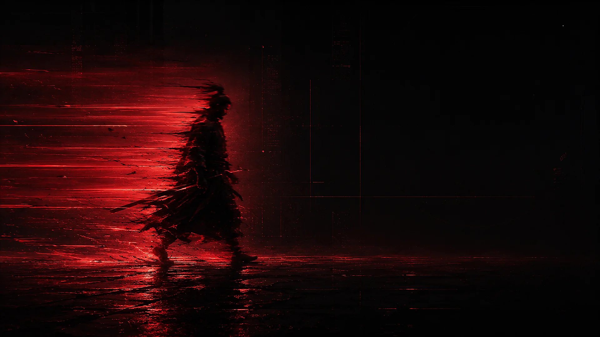 A moving figure dissolving into red directional light