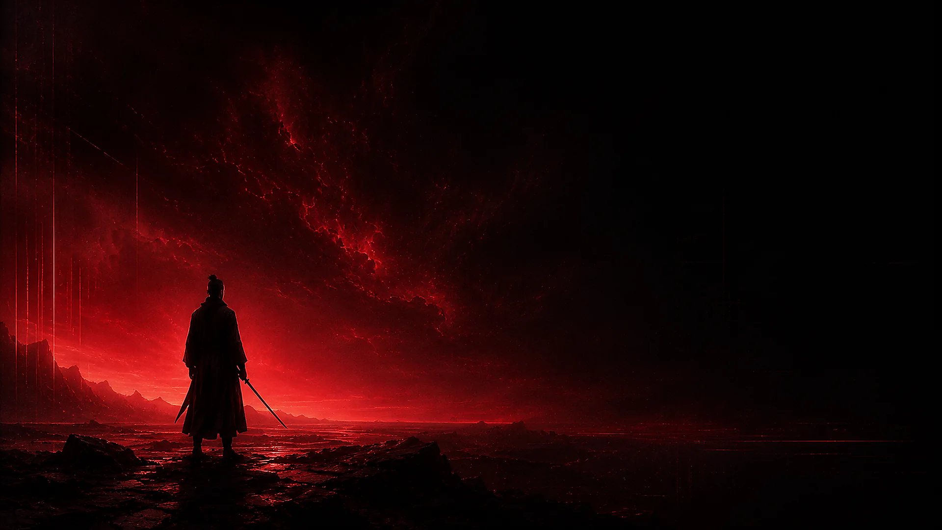 A traveller looking toward a vast red horizon