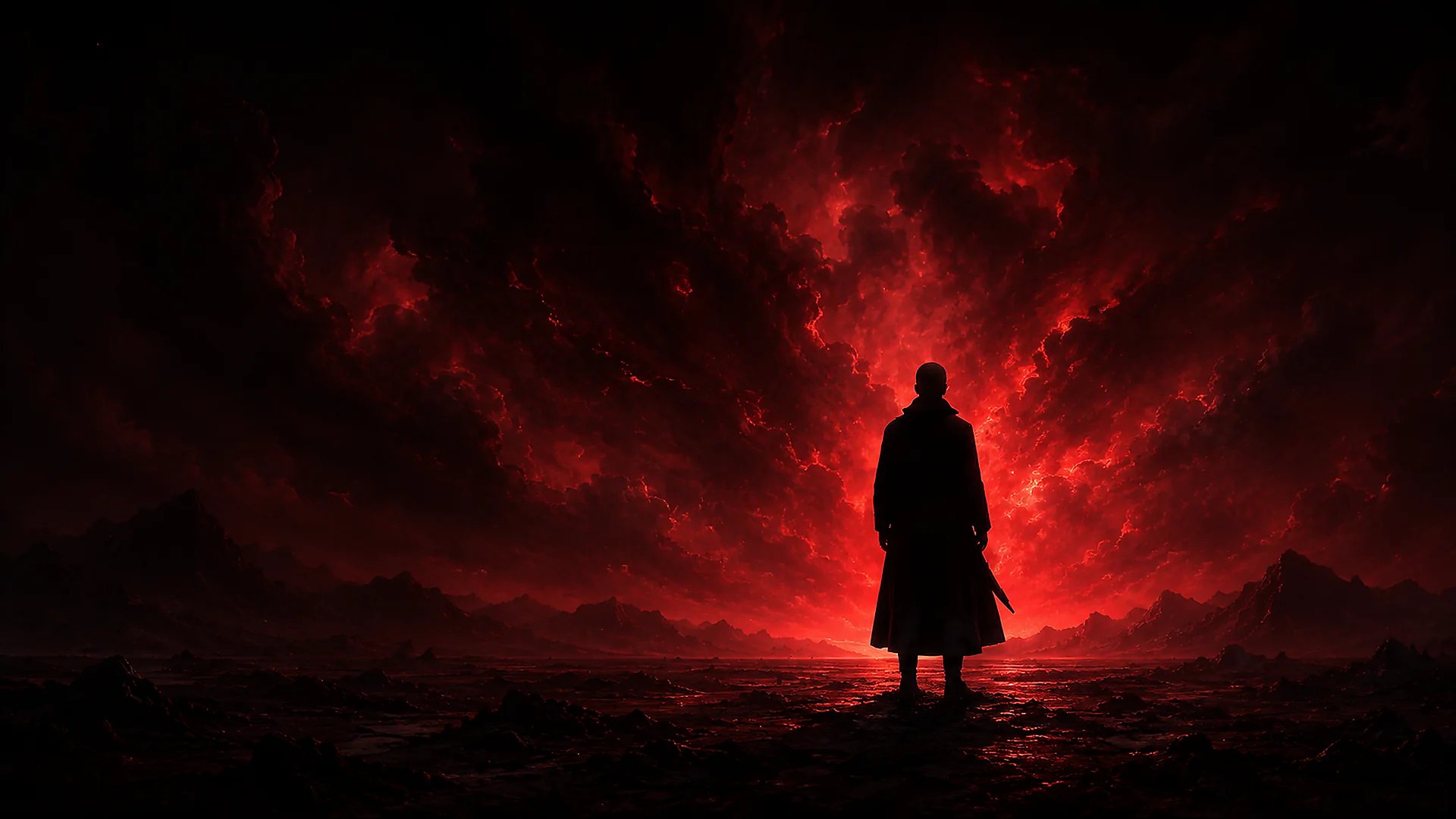 A traveller facing a vast red horizon