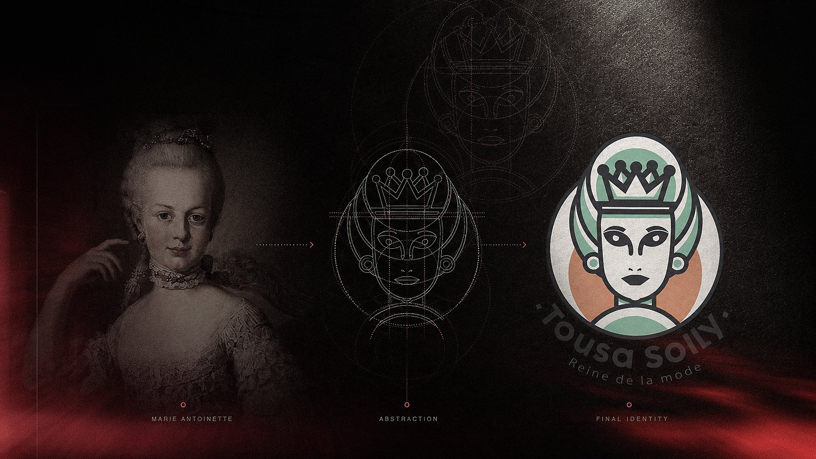 Three-stage TOUSA SOLLY inspiration process from Marie Antoinette to the final identity