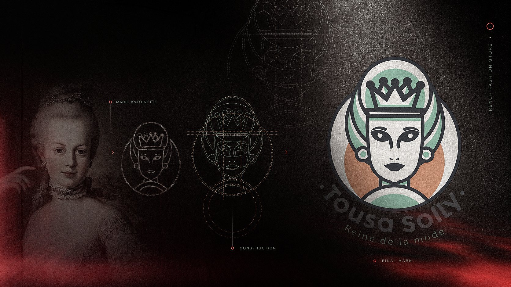 TOUSA SOLLY portrait study, geometric logo construction and final mark