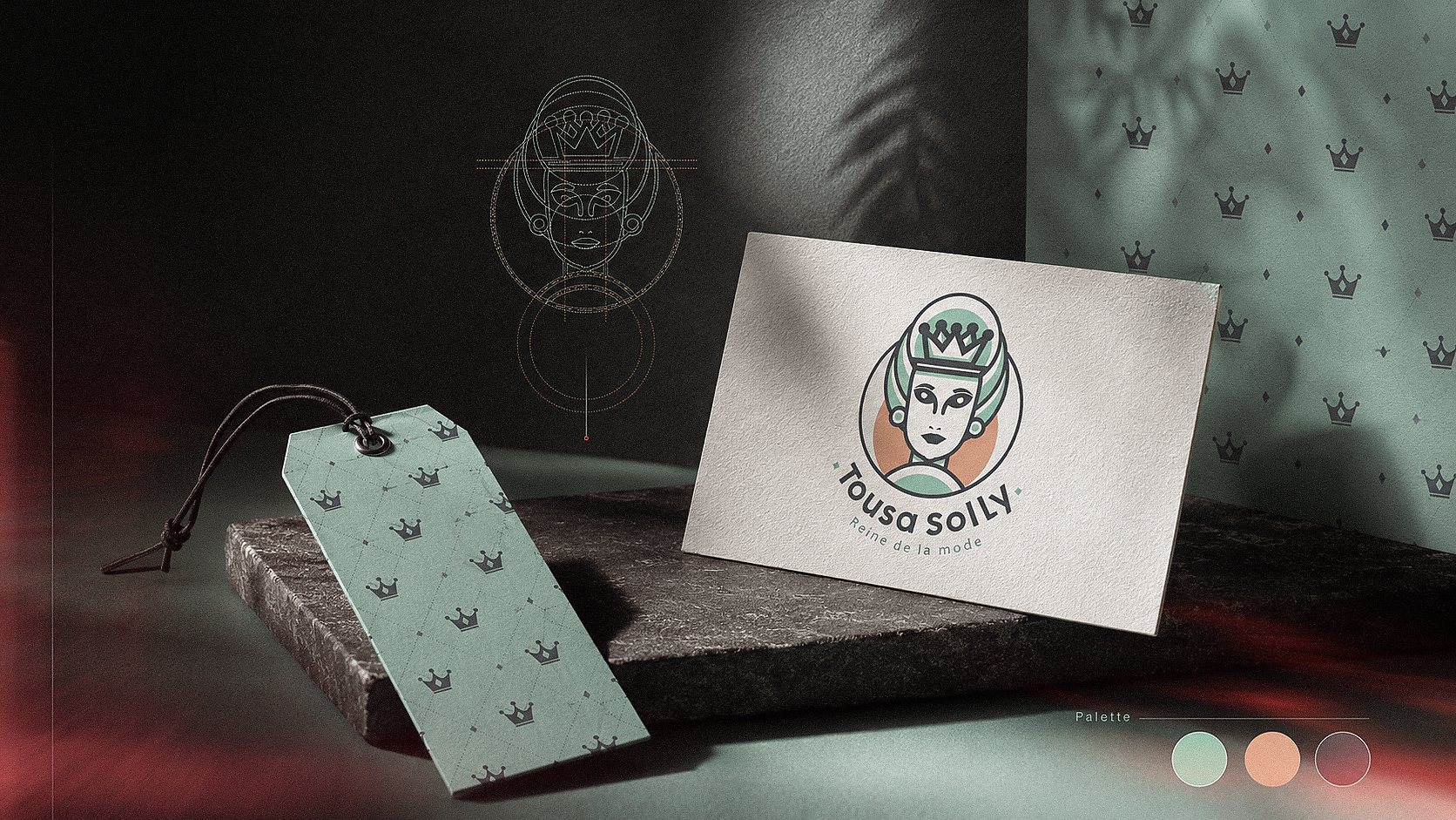 TOUSA SOLLY visual system with stationery, crown pattern and brand palette