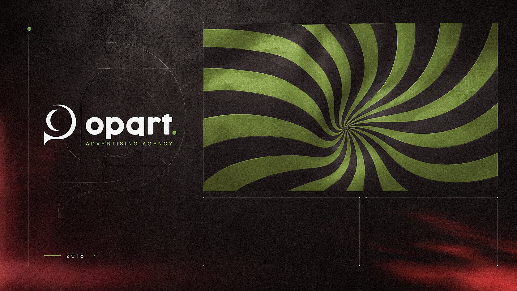 OP ART Agency logo beside its large green and charcoal optical pattern