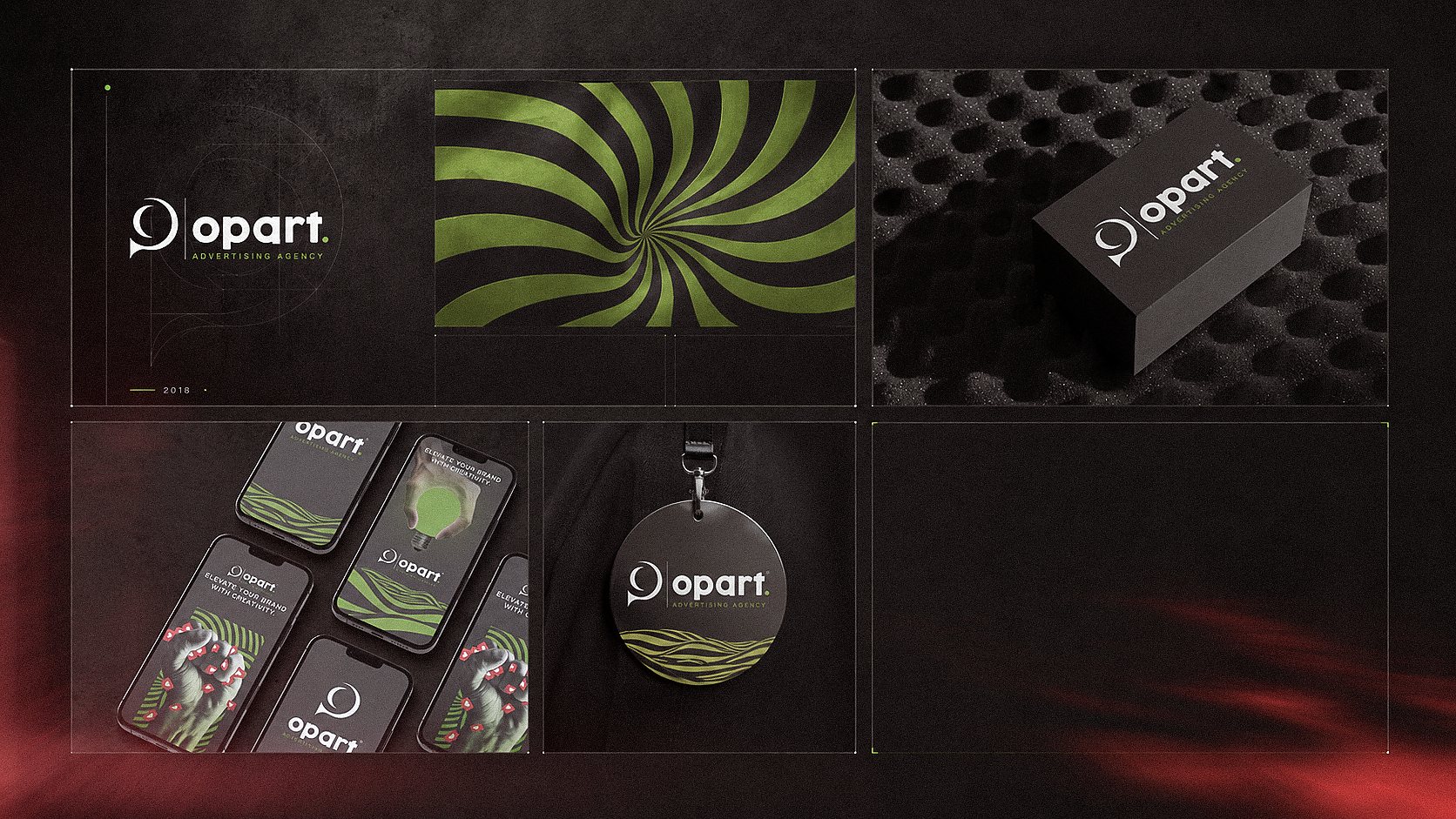 OP ART Agency identity system with logo, optical pattern, business card, social screens and badge