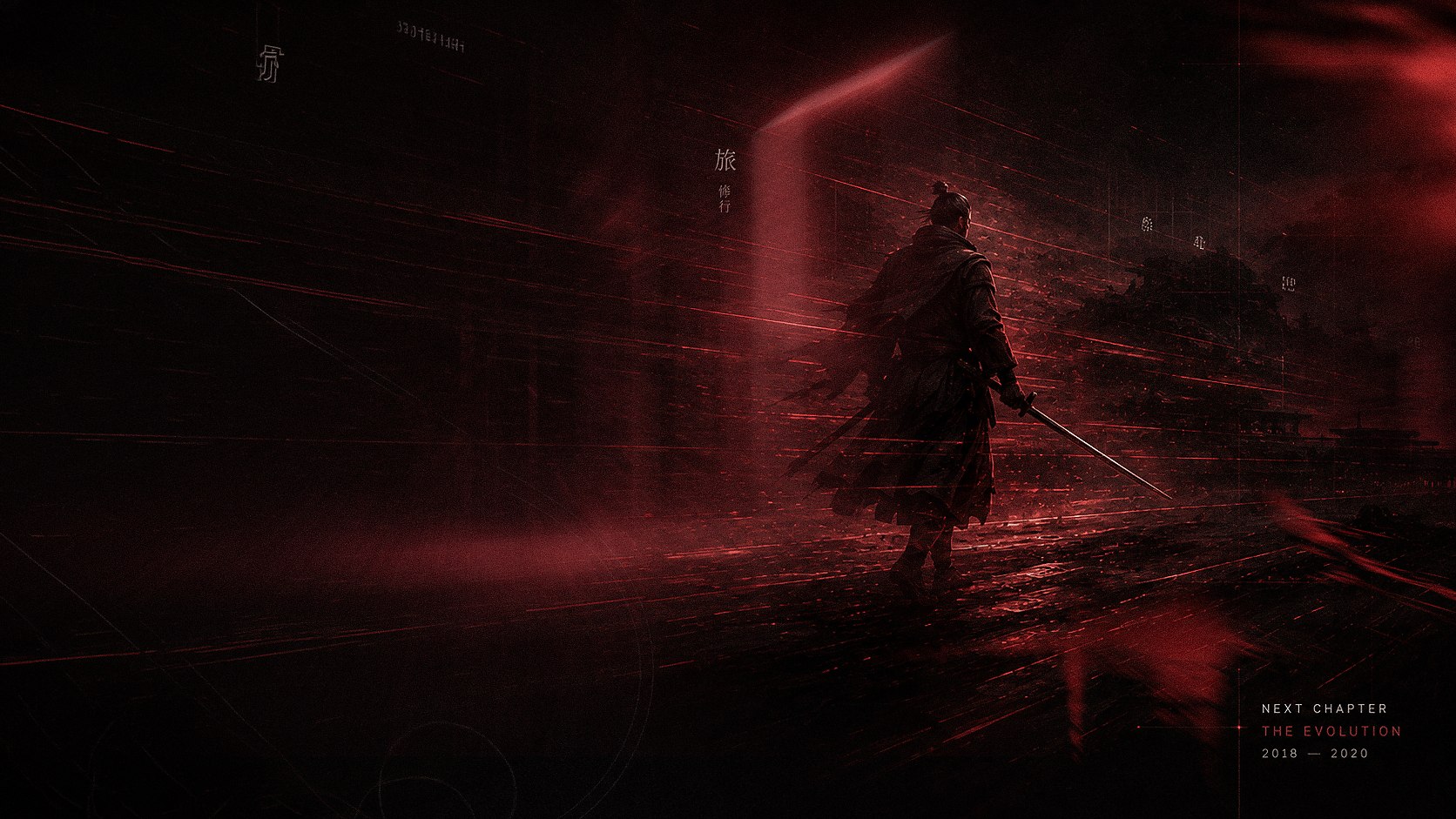 A warrior walking toward a luminous red portal, marking the transition to the next chapter